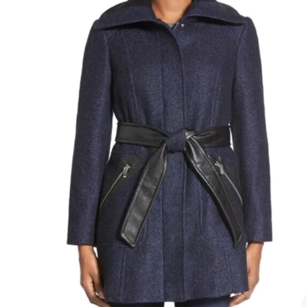 NEW! VIA SPIGA Flecked Wool Blend Faux Leather Reversible Belt Jacket Coat 2.